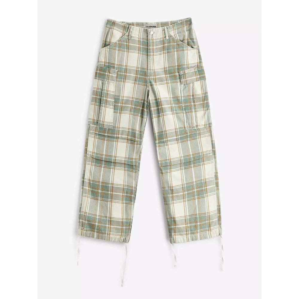 Zara Rhuigi Statement Cargo Pants Men 32 Green Plaid Wide Leg Utility Streetwear